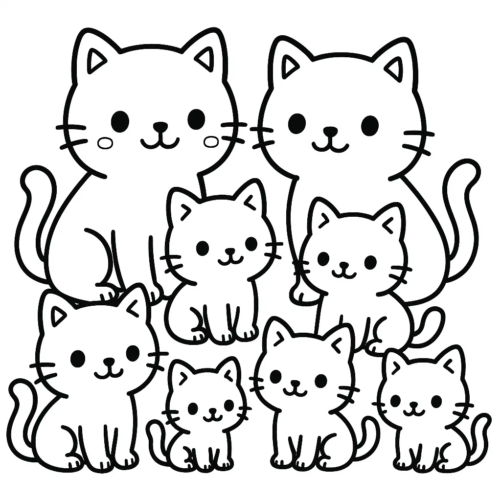 Familia de 8 gatos para colorear ❤️ | Minenito