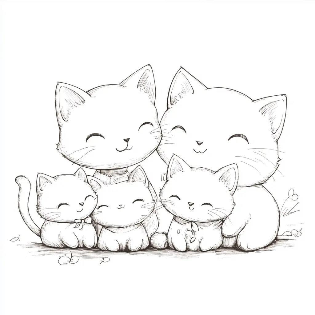 Linda familia de gatos para colorear ❤️ | Minenito