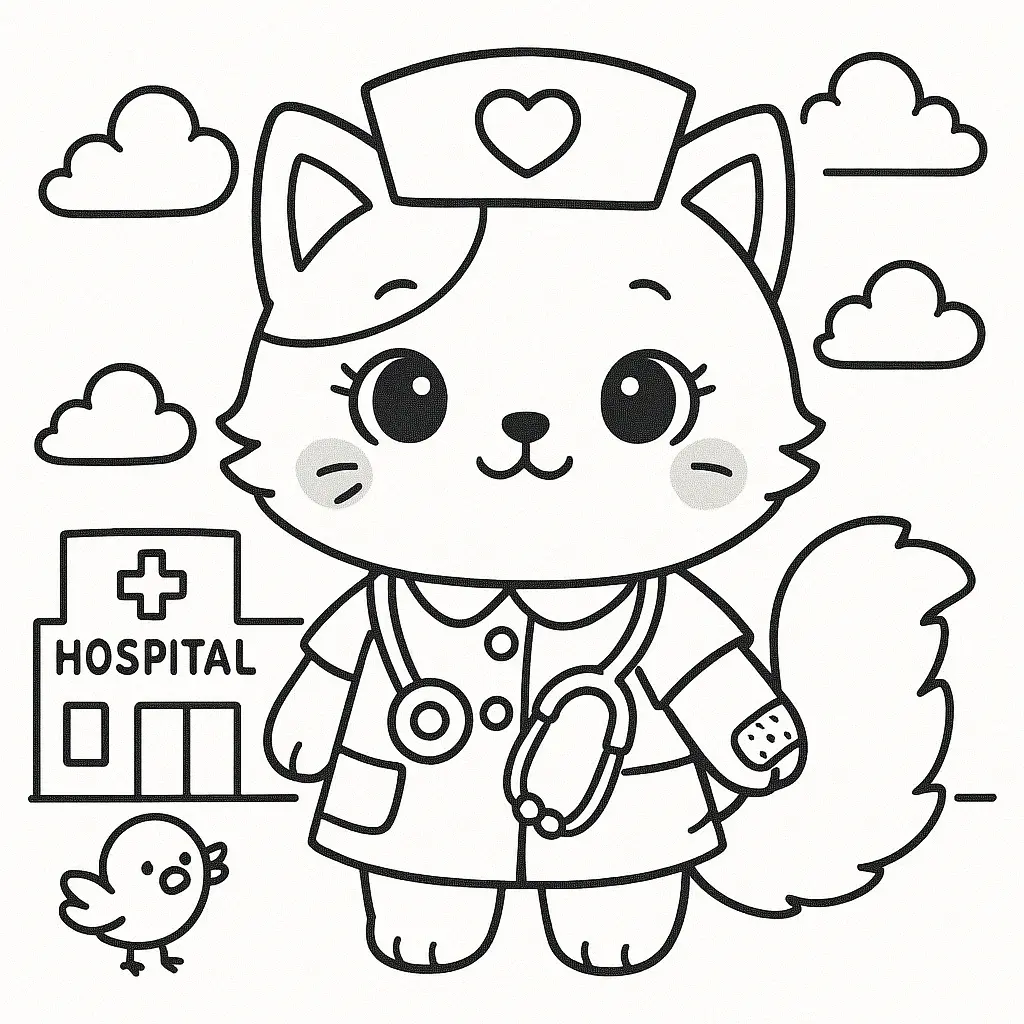 Linda gatita doctora Kawaii para colorear ❤️ | Minenito