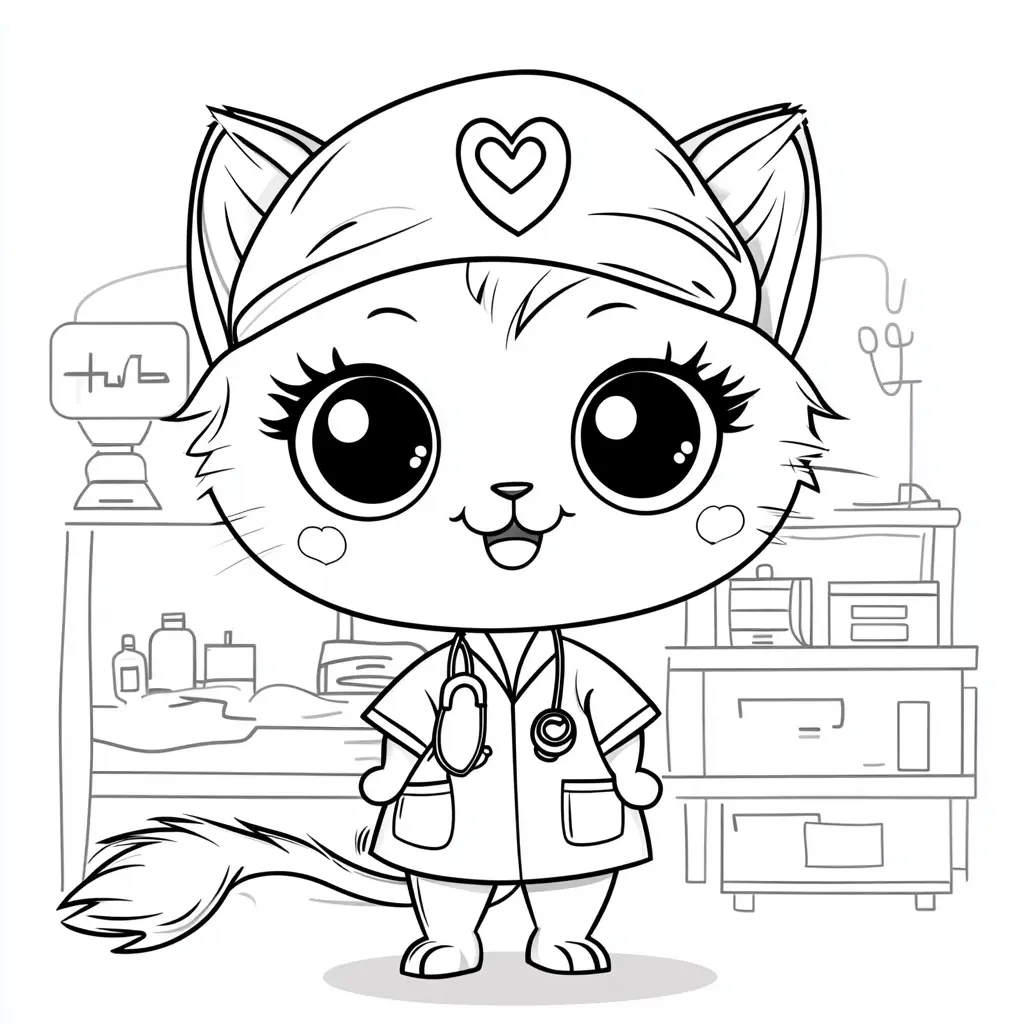 Adorable gata enfermera en hospital para colorear ❤️ | Minenito