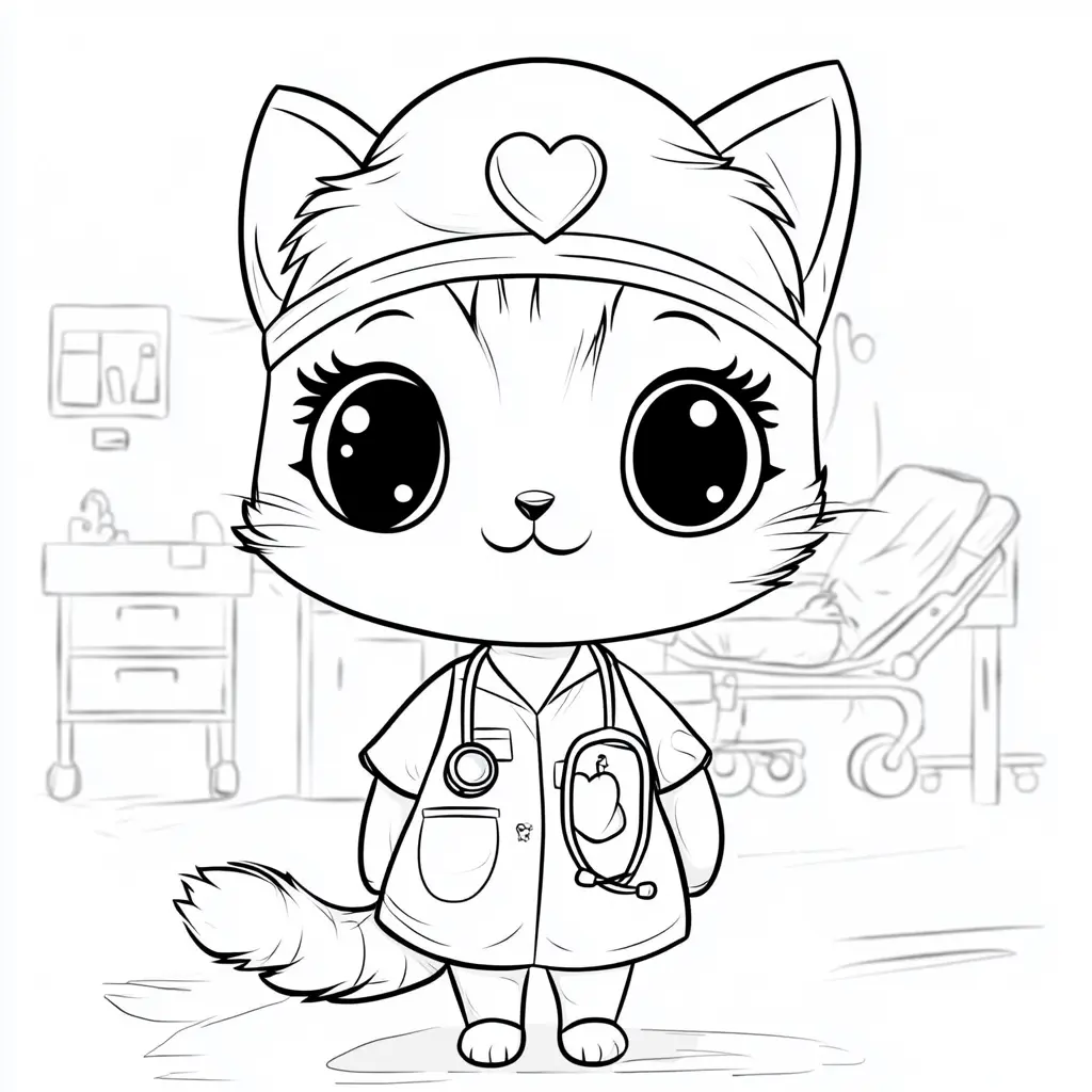 Gatita enfermera contenta para colorear ❤️ | Minenito