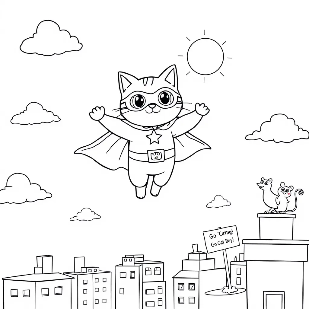 Gato superhéroe volando para colorear ❤️ | Minenito