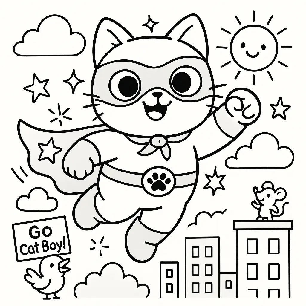 Gato Cat Boy superhéroe volando para colorear ❤️ | Minenito
