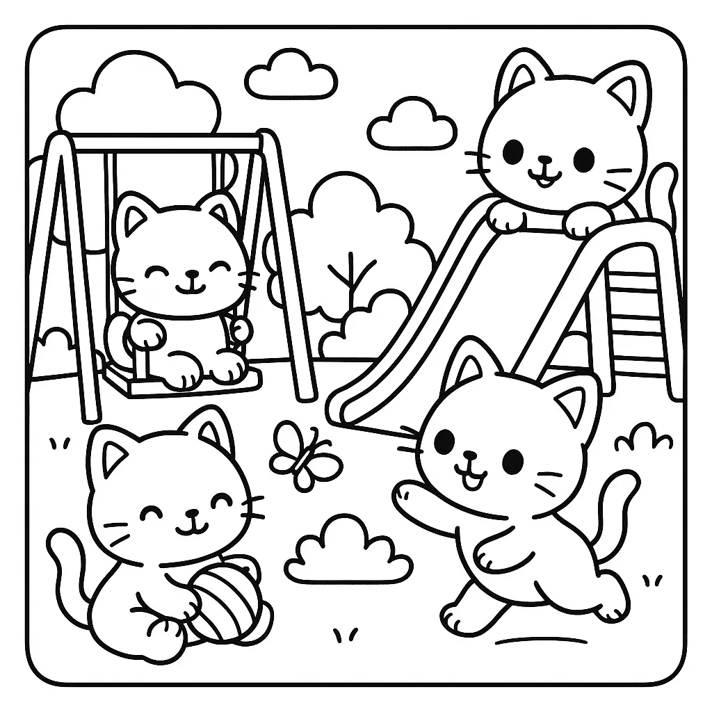 Gatitos juguetones en el parque para colorear ❤️ | Minenito