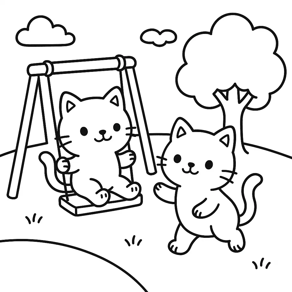 Gatinos en el columpio del parque para colorear ❤️ | Minenito
