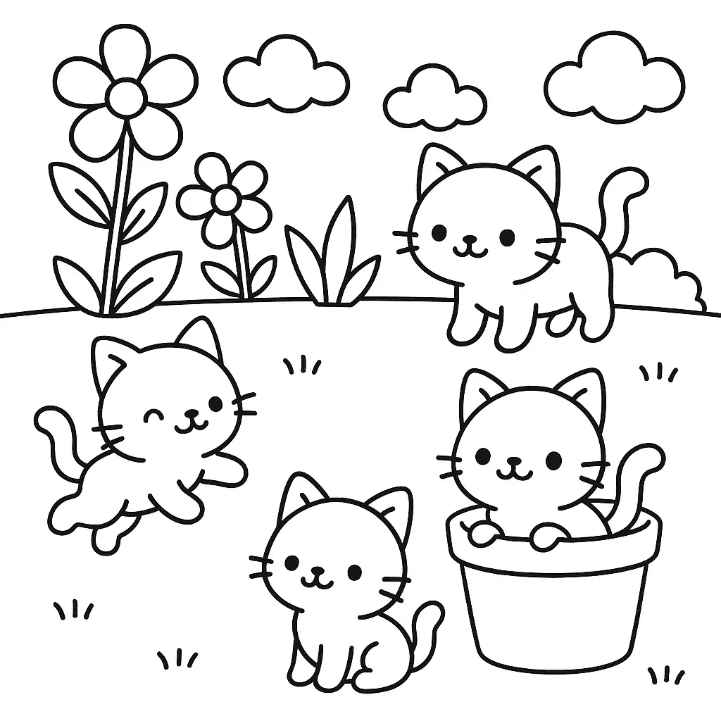 Gatitos traviesos en el parque para colorear ❤️ | Minenito