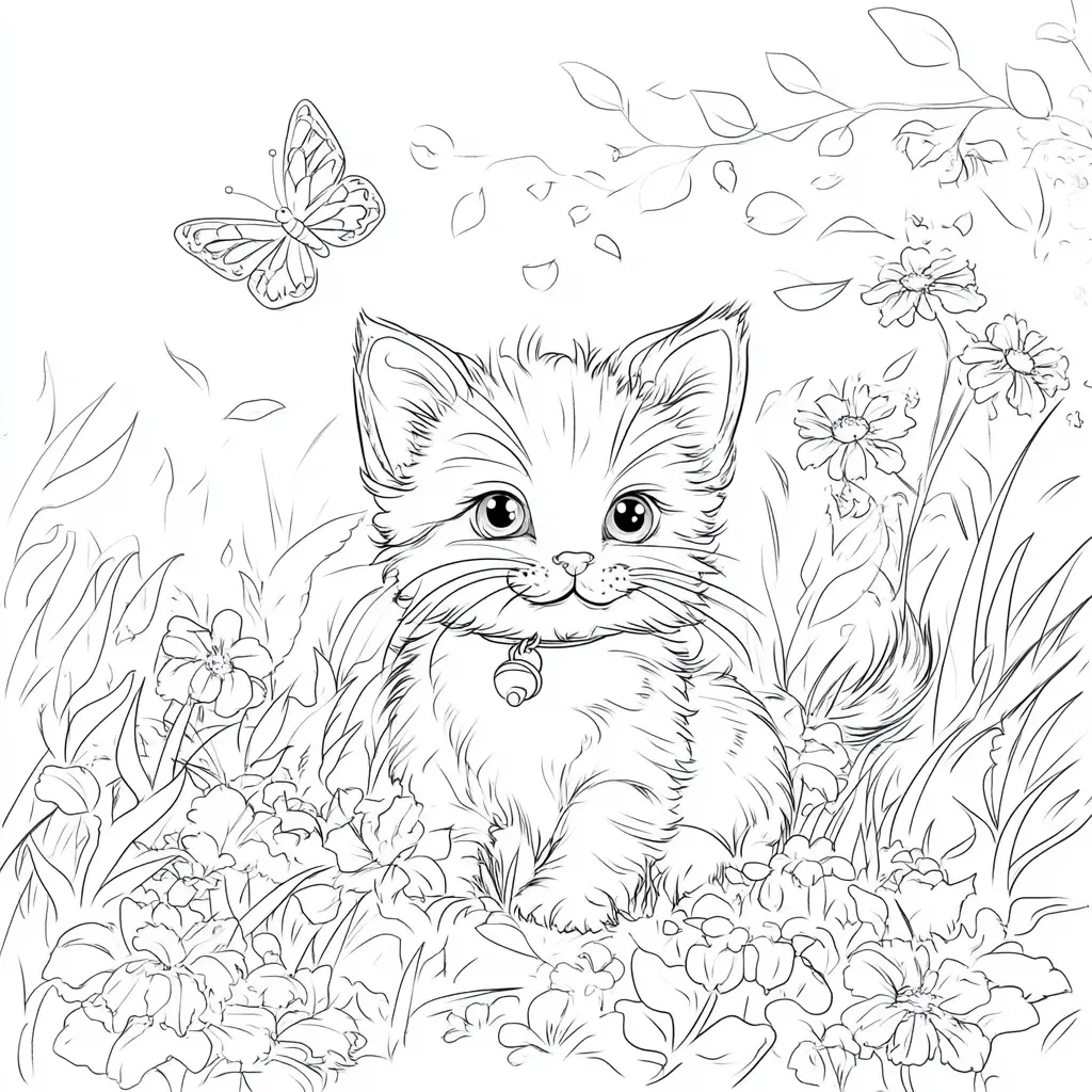 Gatito lindo en jardín para colorear ❤️ | Minenito