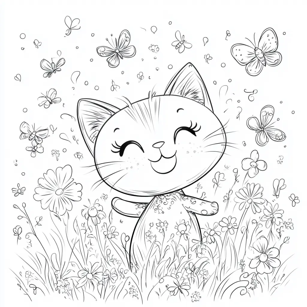 Gatito feliz con mariposas para colorear ❤️ | Minenito