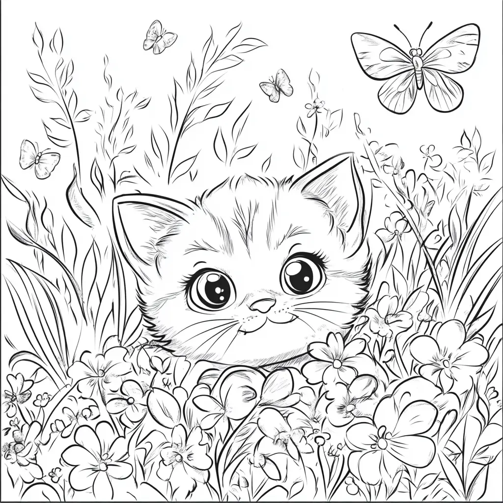 Gatito escondido en jardín para colorear ❤️ | Minenito