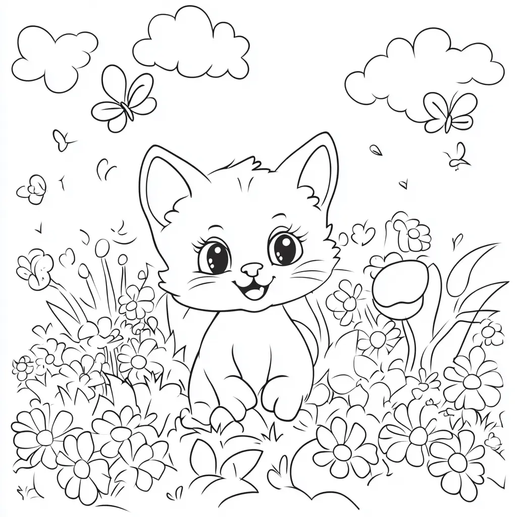 Gatito jugando en jardín para colorear ❤️ | Minenito