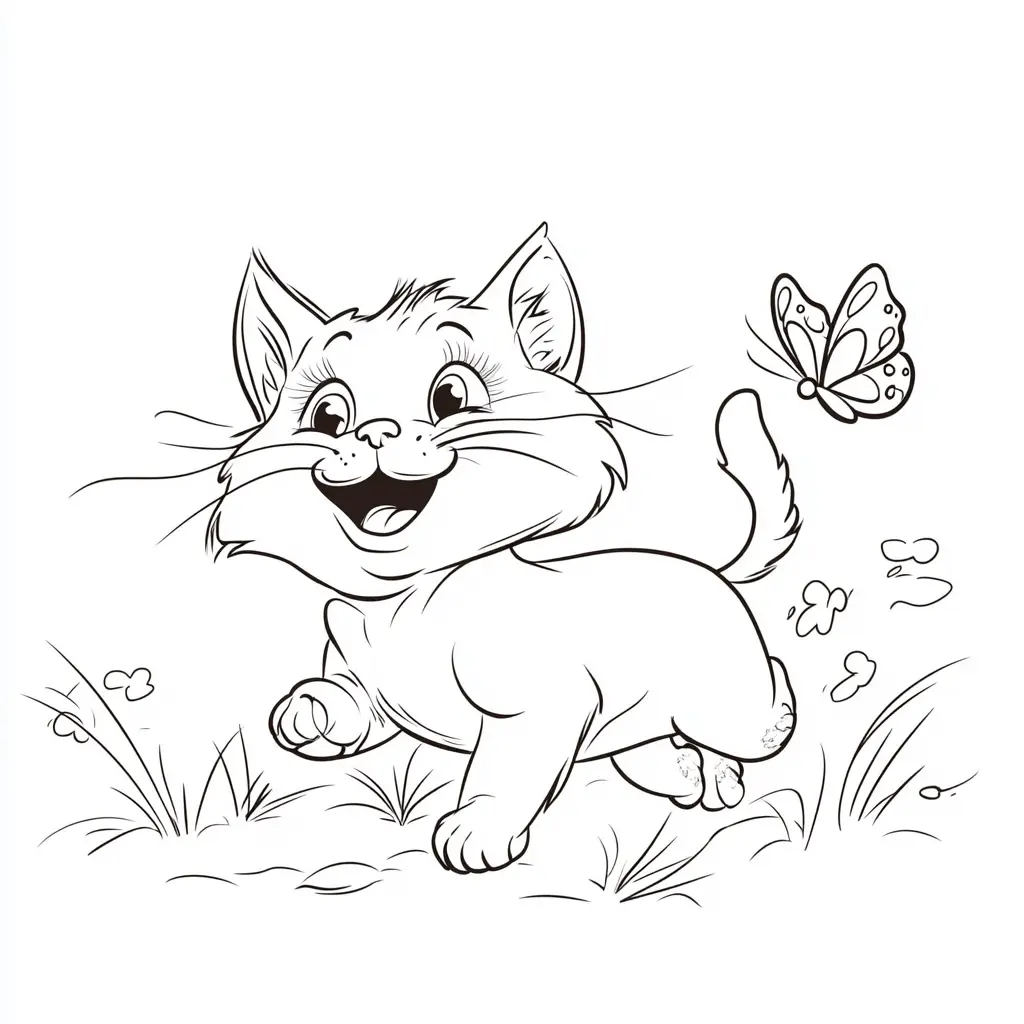 Gatito feliz jugando con mariposa en jardín para colorear ❤️ | Minenito
