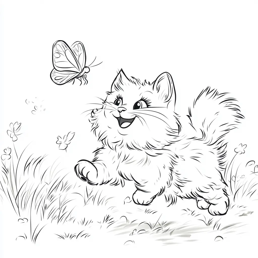 Gatito Bosque de Noruega jugando con mariposa para colorear ❤️ | Minenito