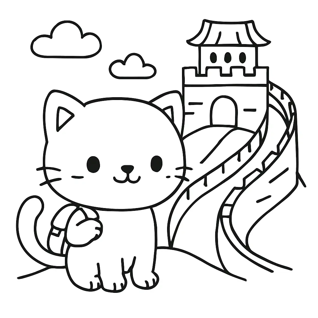 Gato viajero en la muralla China para colorear ❤️ | Minenito