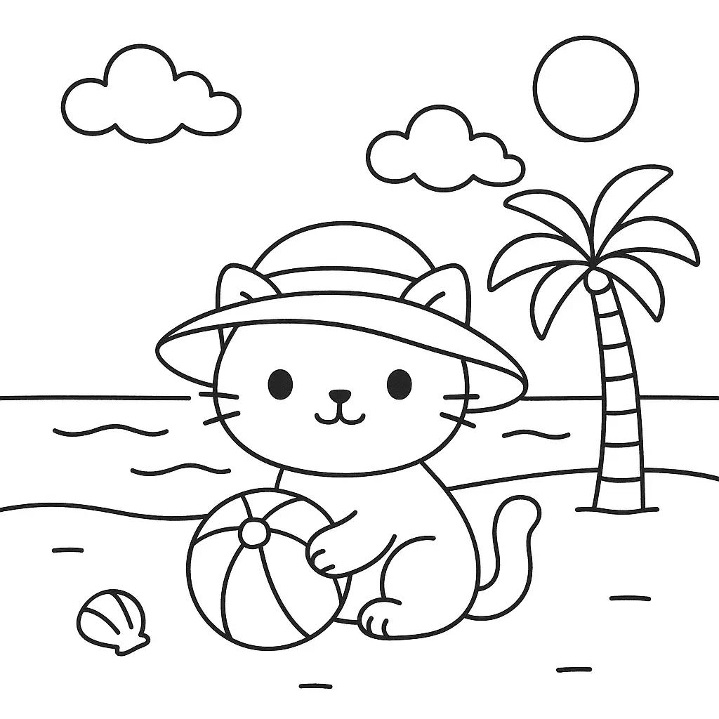 Gato en la playa para colorear ❤️ | Minenito