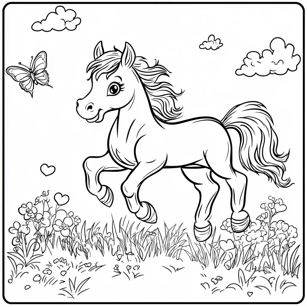 Caballo feliz en el prado: Dibujos de caballos para colorear ❤️ | Minenito