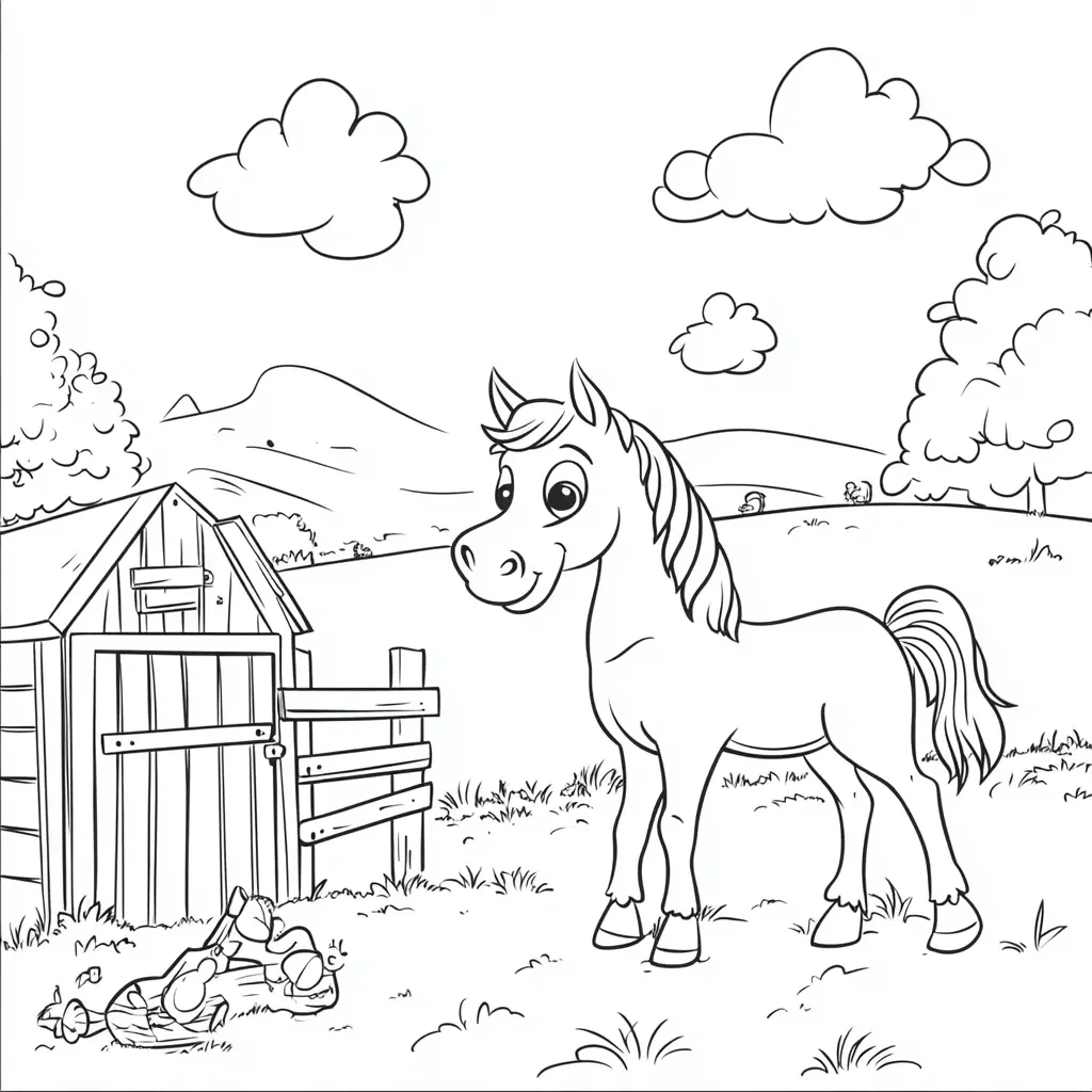 Caballo junto al establo: Dibujos de caballos para colorear ❤️ | Minenito
