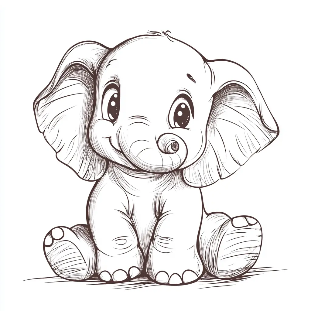 "Elefante Bebé Sentado con una Sonrisa Encantadora" Dibujos de elefantes para colorear ❤️ | Minenito