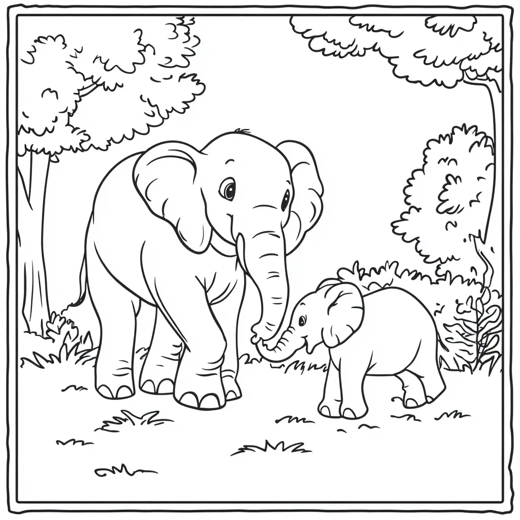 "Mamá Elefante y su Bebé en el Bosque" Dibujos de elefantes para colorear ❤️ | Minenito