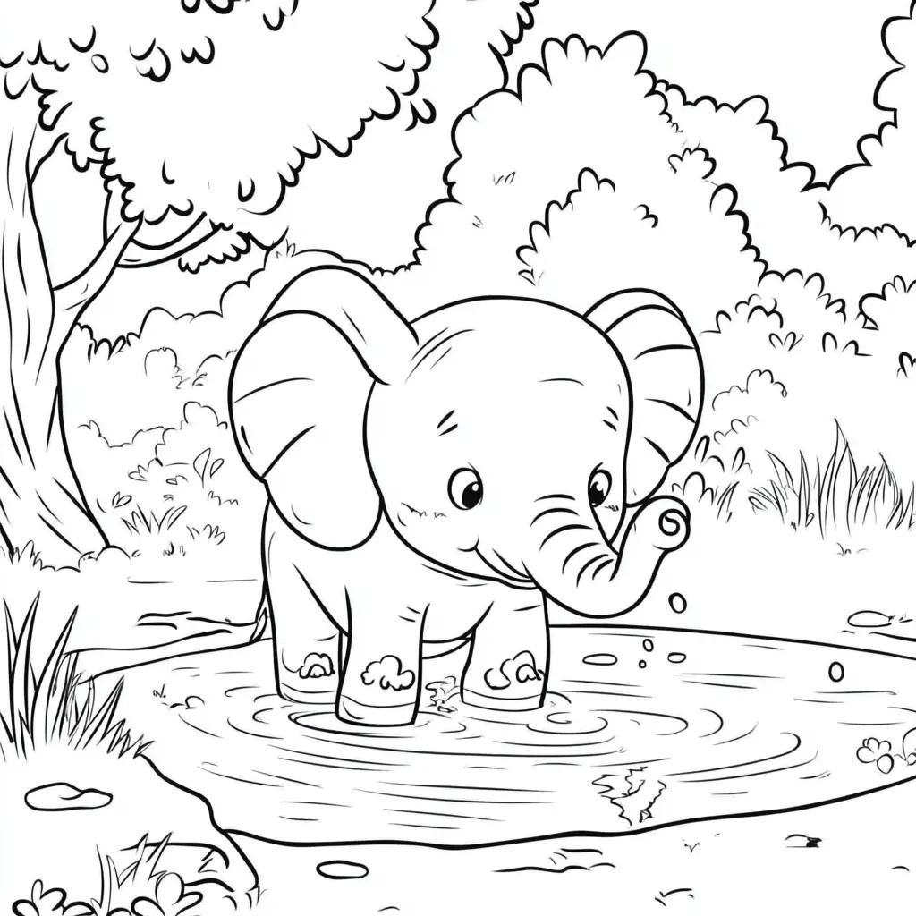 "Elefante Bebé Jugando en el Charco del Bosque" Dibujos de elefantes para colorear ❤️ | Minenito