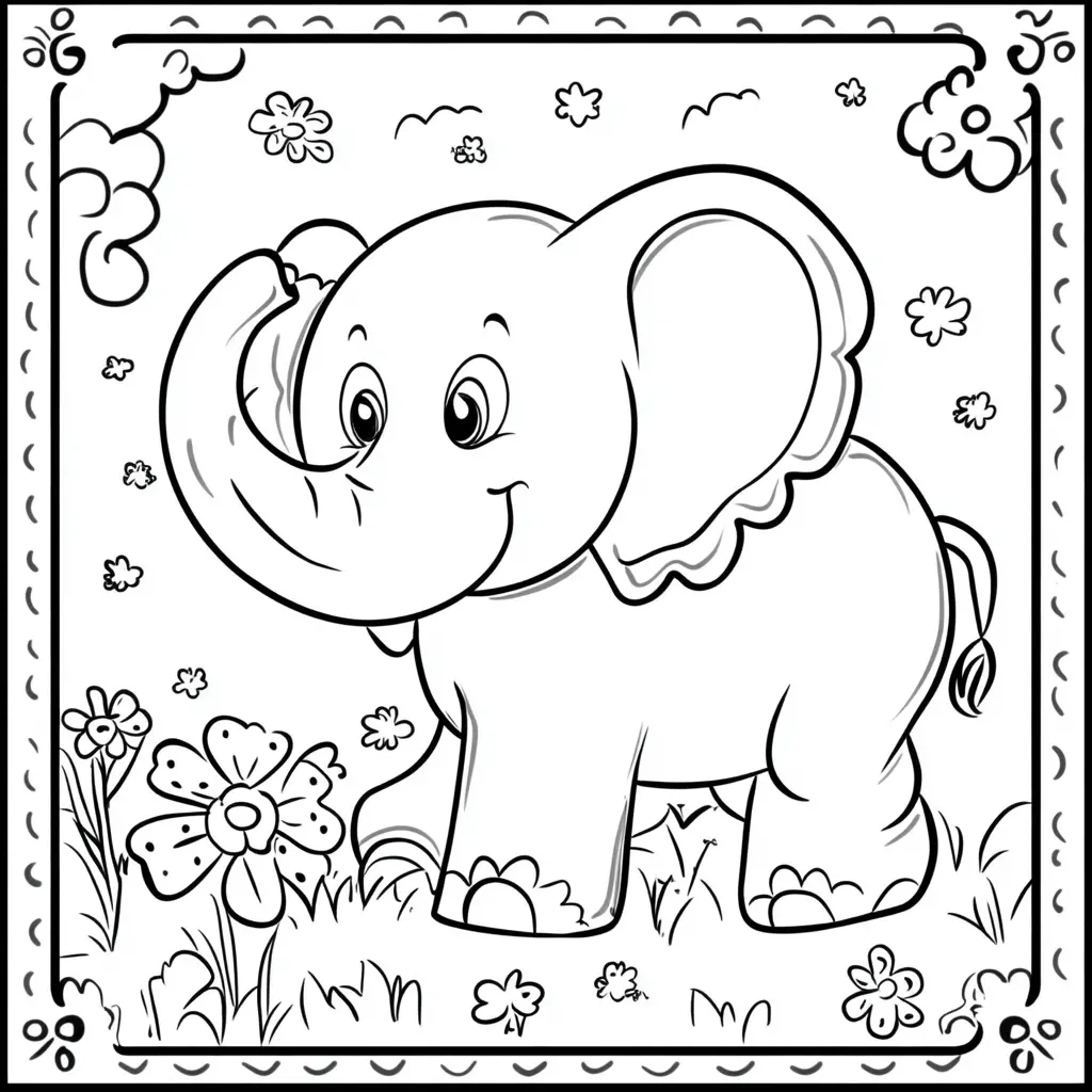 "Elefante Bebé en un Campo de Flores" Dibujos de elefantes para colorear ❤️ | Minenito