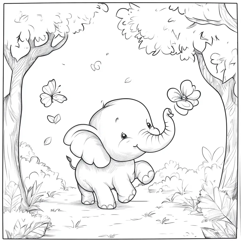 "Elefante Bebé Jugando con Mariposas en el Bosque" Dibujos de elefantes para colorear ❤️ | Minenito