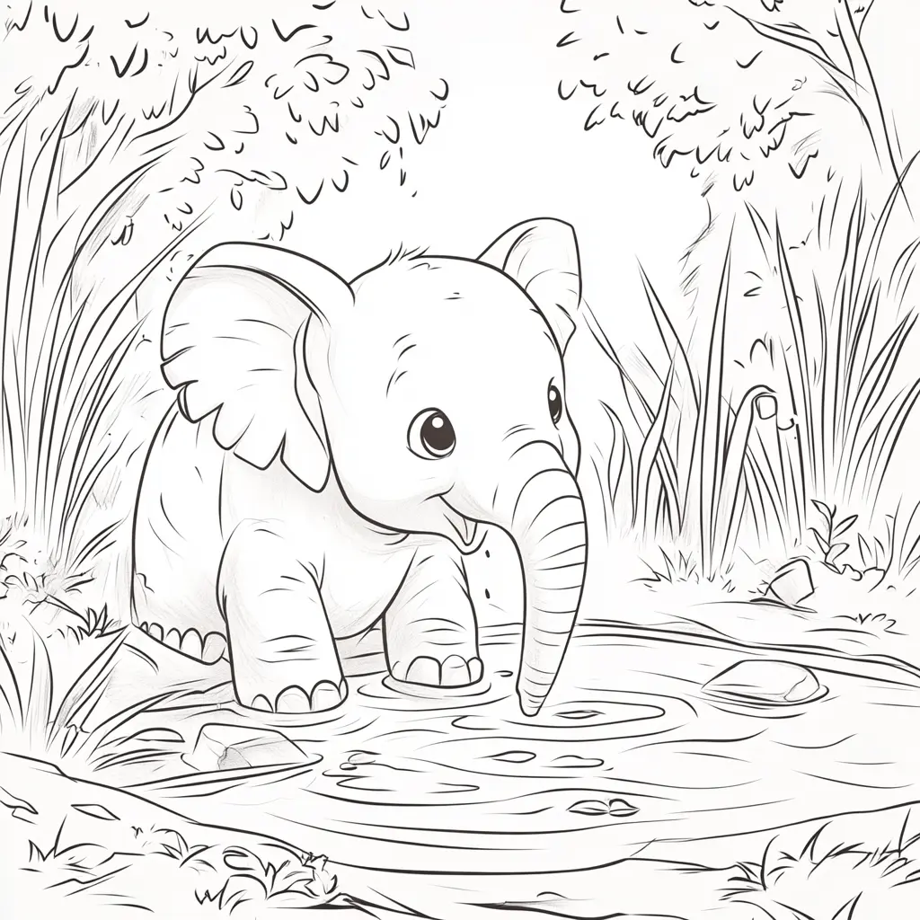 "Elefante Bebé Bebiendo en el Arroyo del Bosque" Dibujos de elefantes para colorear ❤️ | Minenito