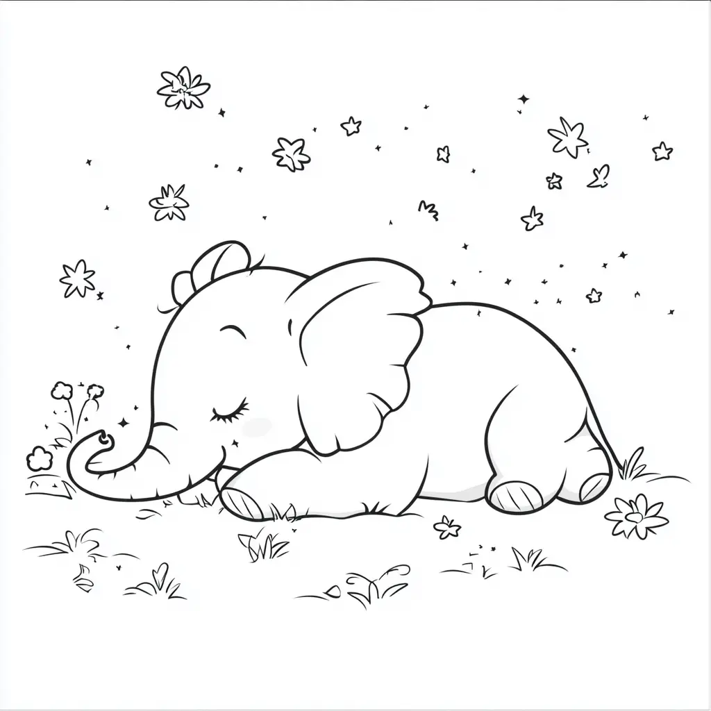 "Elefante Bebé Durmiendo bajo las Estrellas" Dibujos de elefantes para colorear ❤️ | Minenito