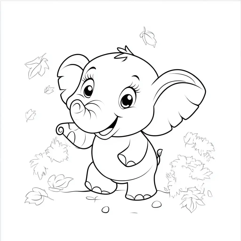 "Elefante Bebé Jugando con las Hojas" Dibujos de elefantes para colorear ❤️ | Minenito
