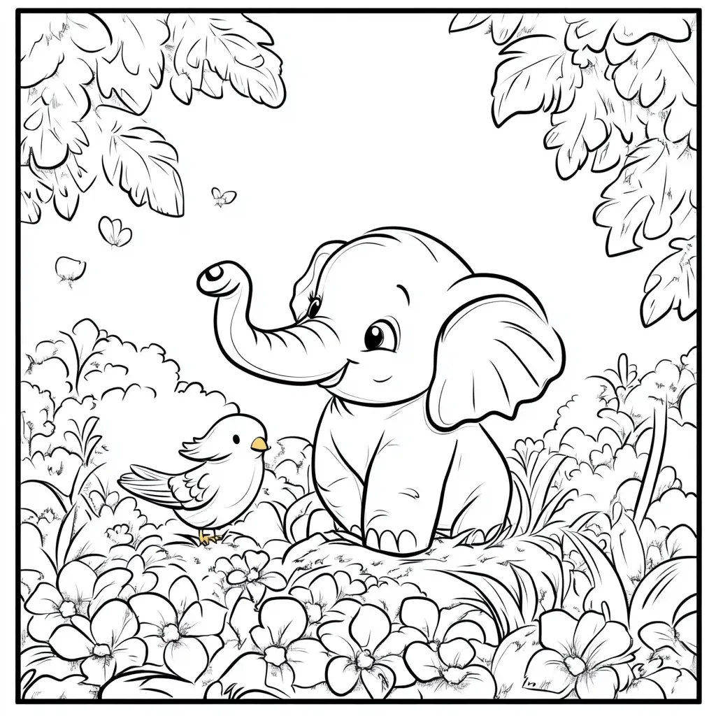 "Amigos en el jardín: elefante y pájaro" Dibujos de elefantes para colorear ❤️ | Minenito