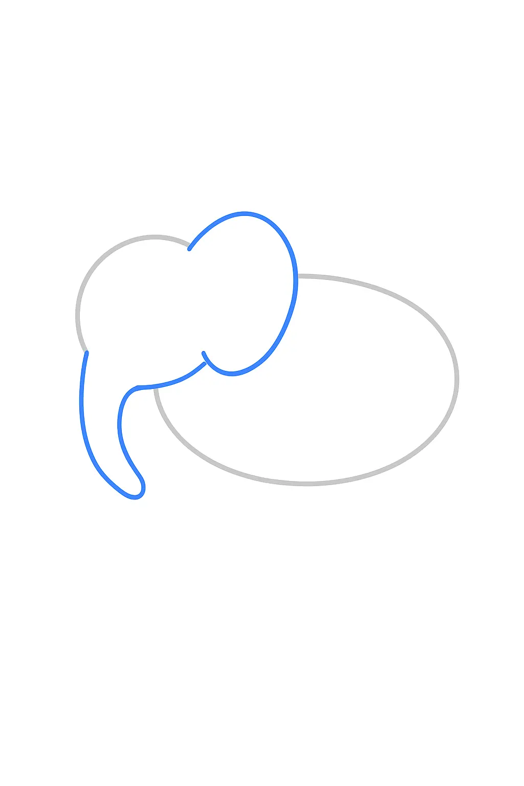 Paso 2: Dibuja la trompa y las orejas - Guía fácil para dibujar un elefante en 5 pasos © Minenito