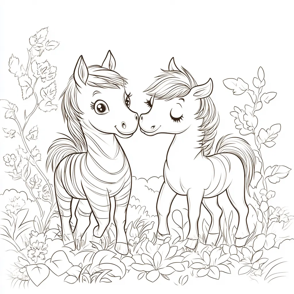 Potrillos en el jardín de flores: Dibujos de caballos para colorear ❤️ | Minenito