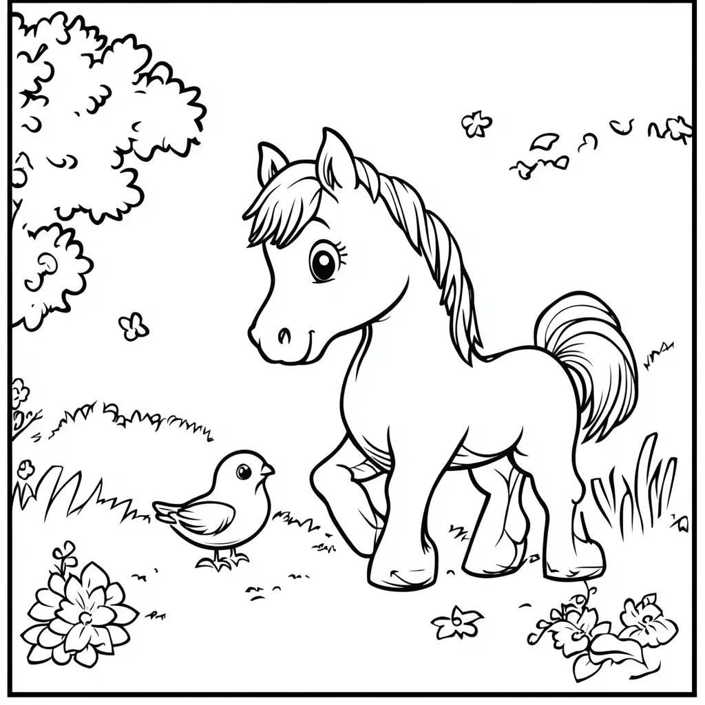 Potro con pájaro: Dibujos de caballos para colorear ❤️ | Minenito