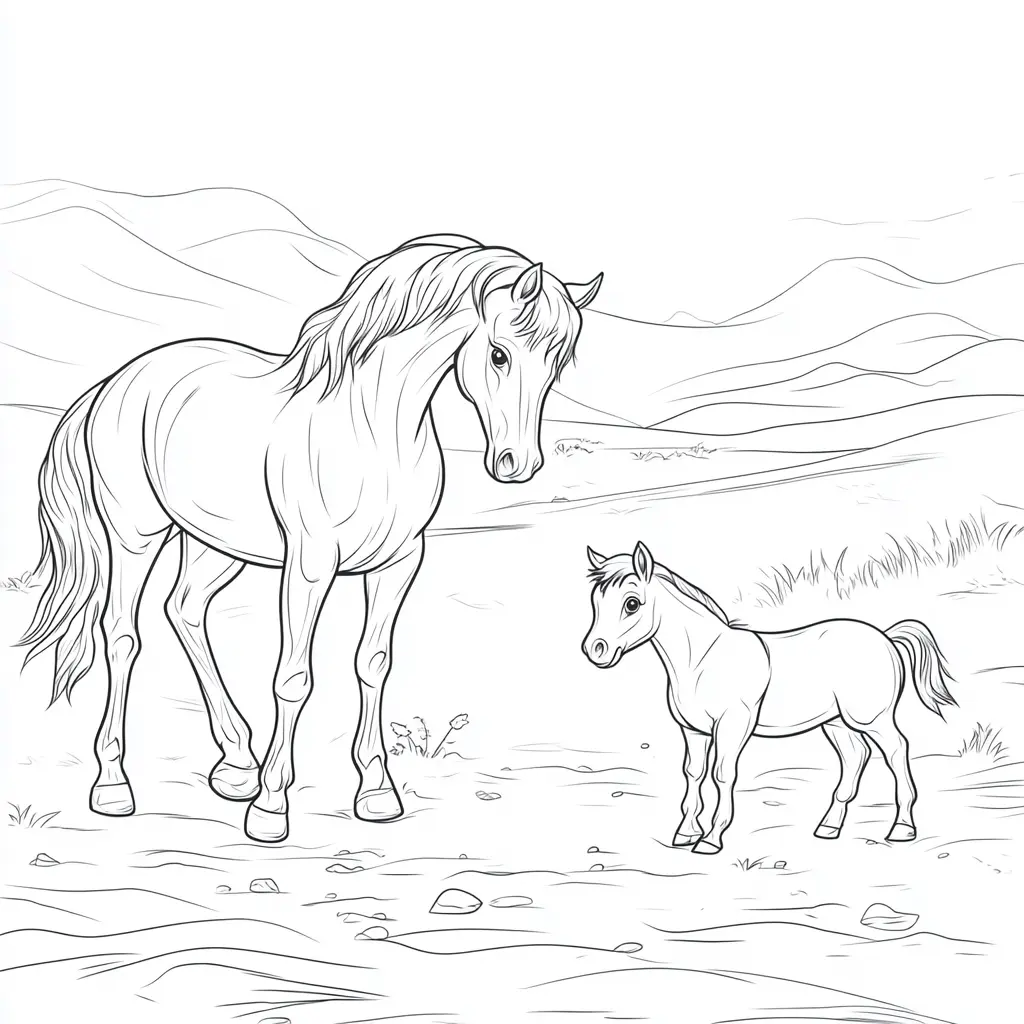 Una yegua y su pequeño potro: Dibujos de caballos para colorear ❤️ | Minenito
