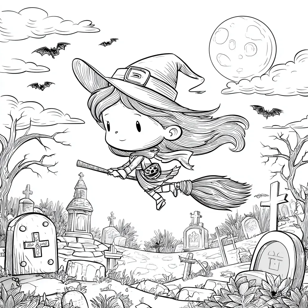 Dibujos de Halloween para colorear | BRUJA SOBRE EL CEMENTERIO Dibujos de Halloween para colorear | BRUJA SOBRE EL CEMENTERIO