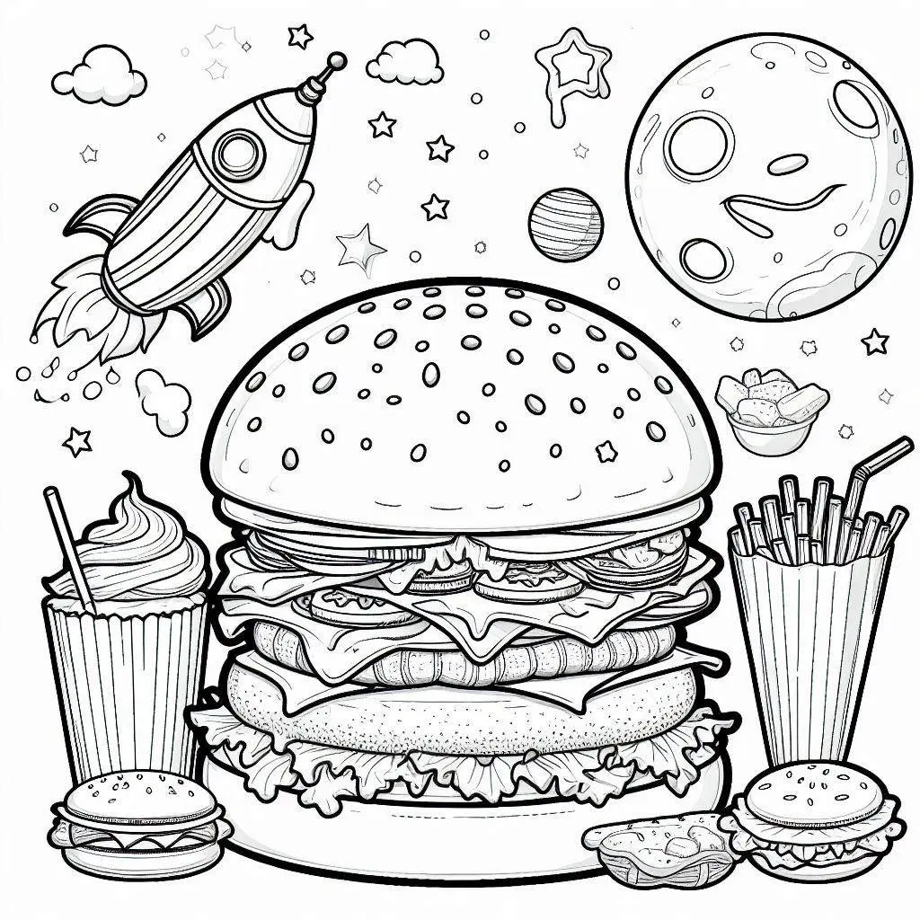 Dibujos de comidas del mundo para colorear | HAMBURGUESA DEL ESPACIO