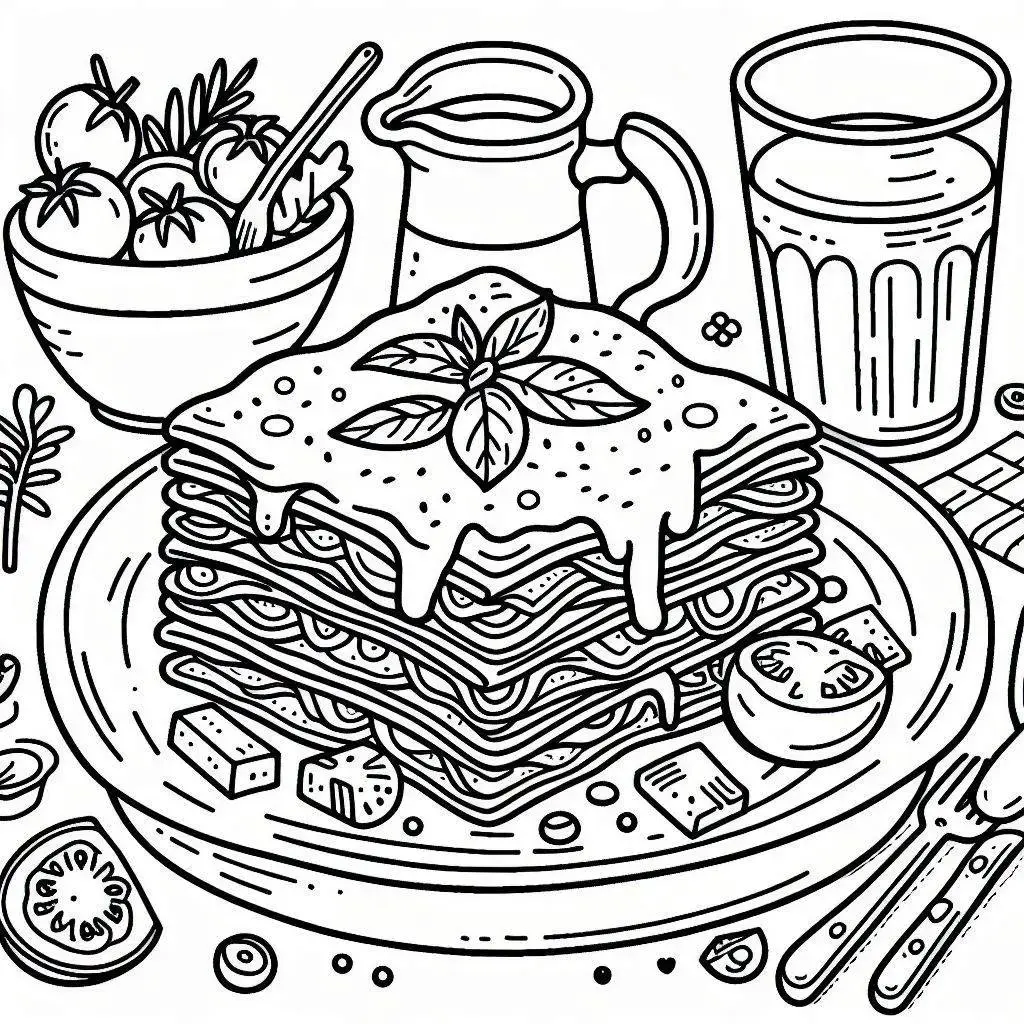 Dibujos de comidas del mundo para colorear | LASAÑA SOBRE LA MESA