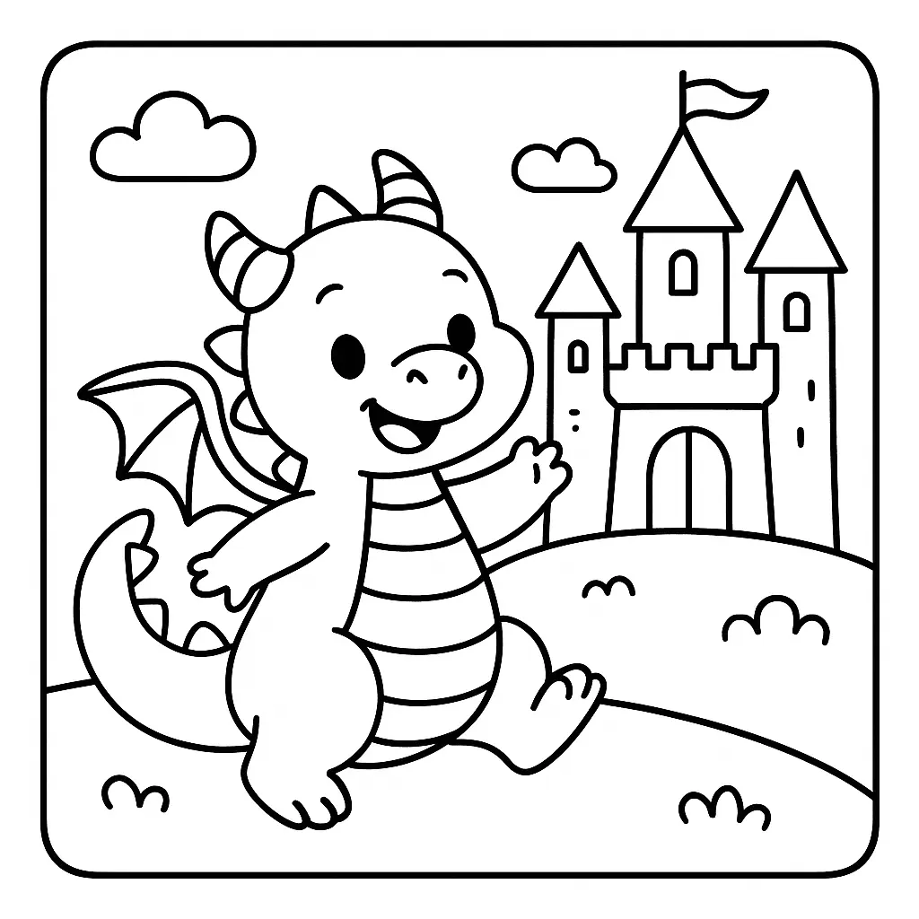 Dibujos de dragones para colorear | EL DRAGÓN KAWAII Y EL CASTILLO