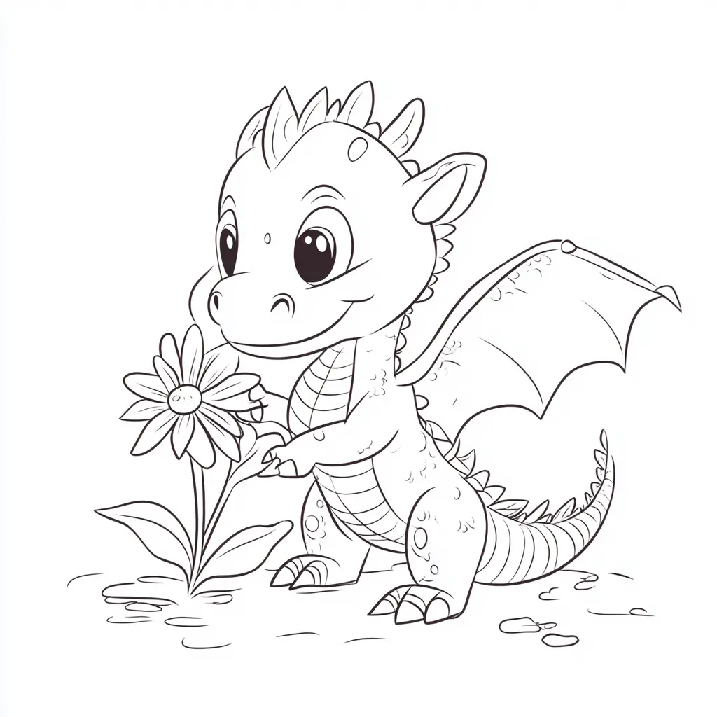 Dibujos de dragones para colorear | EL DRAGÓN TOCANDO UNA FLOR