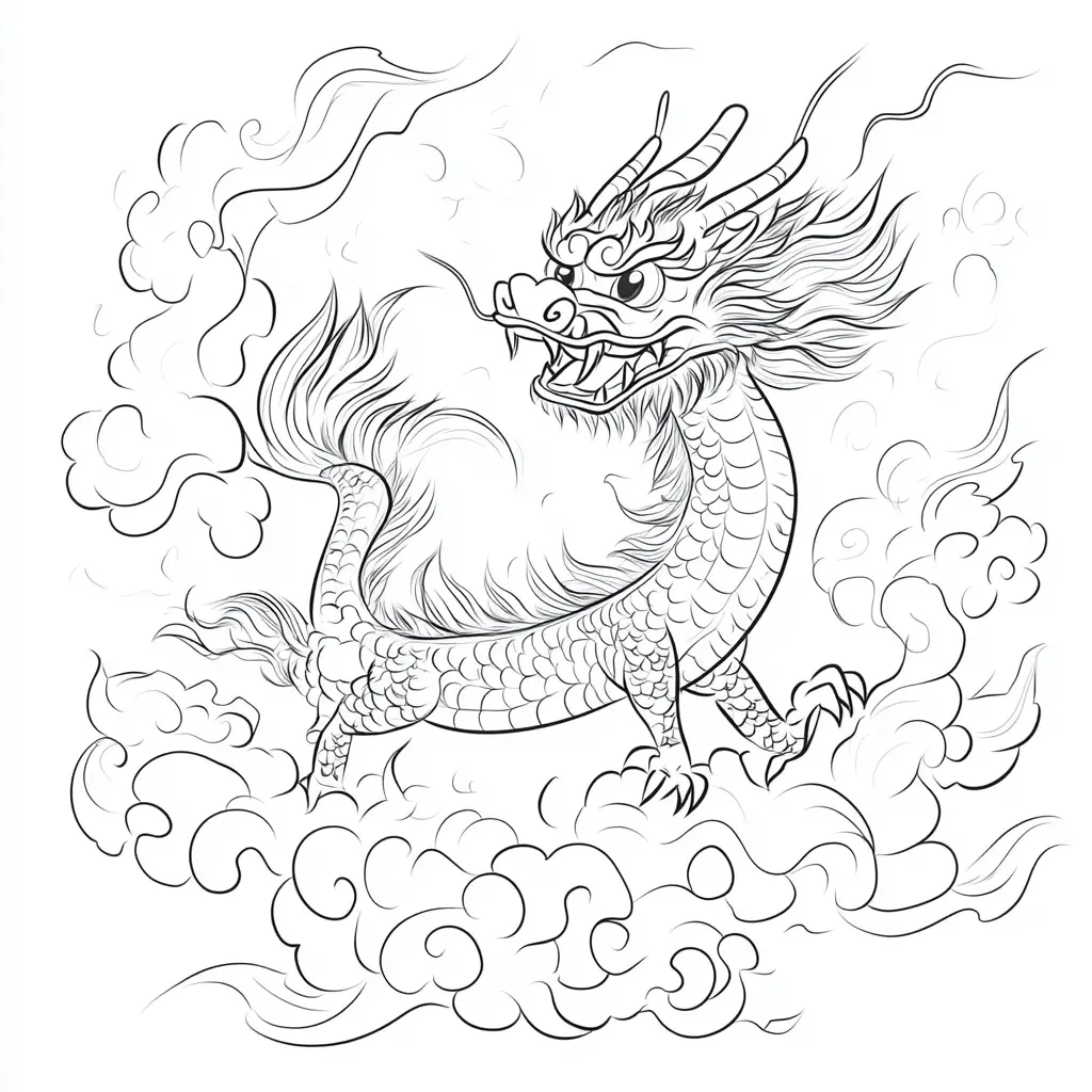 Dibujos de dragones para colorear | DRAGÓN CHINO ENTRE NUBES