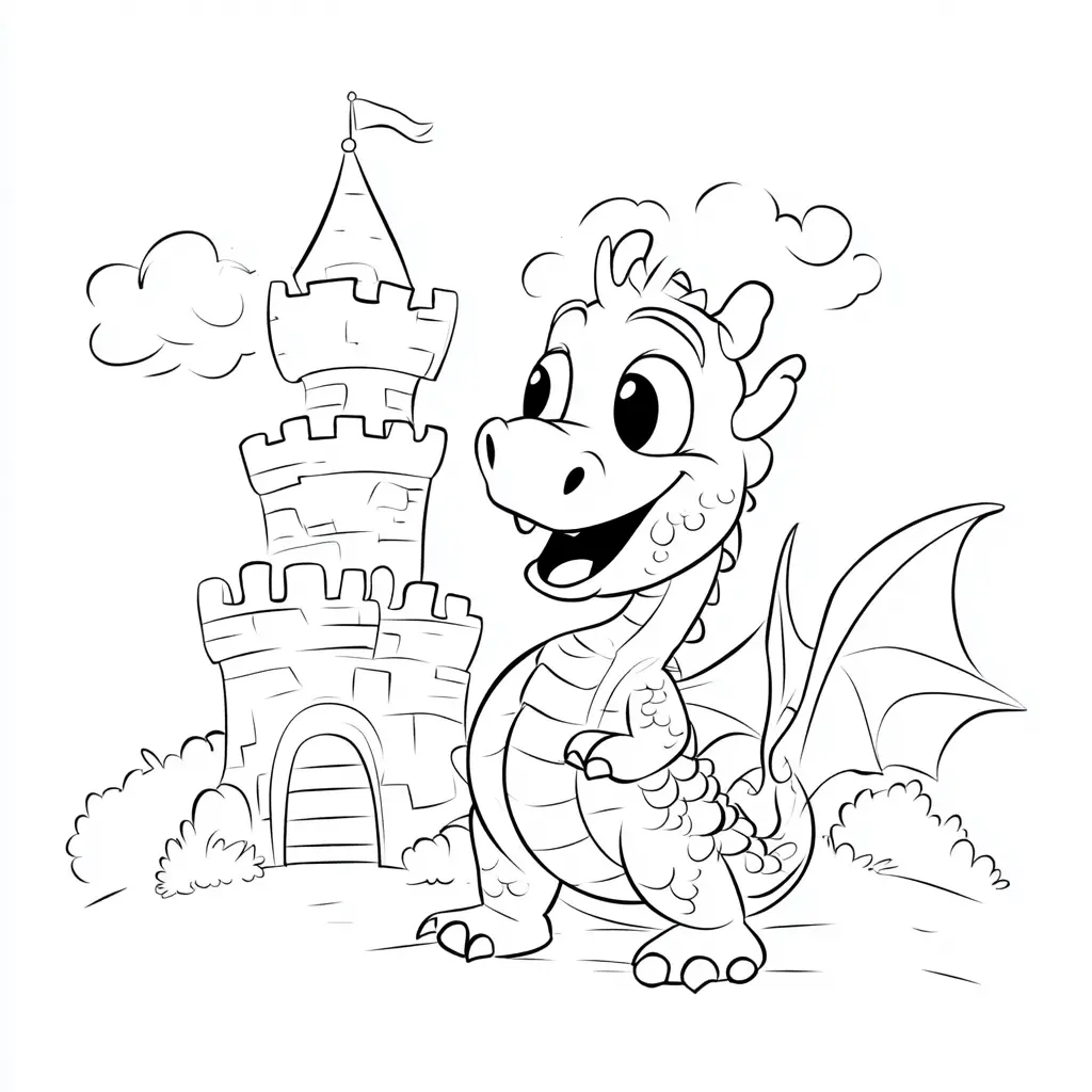 Dibujos de dragones para colorear | EL DRAGÓN FELIZ JUNTO A LA TORRE