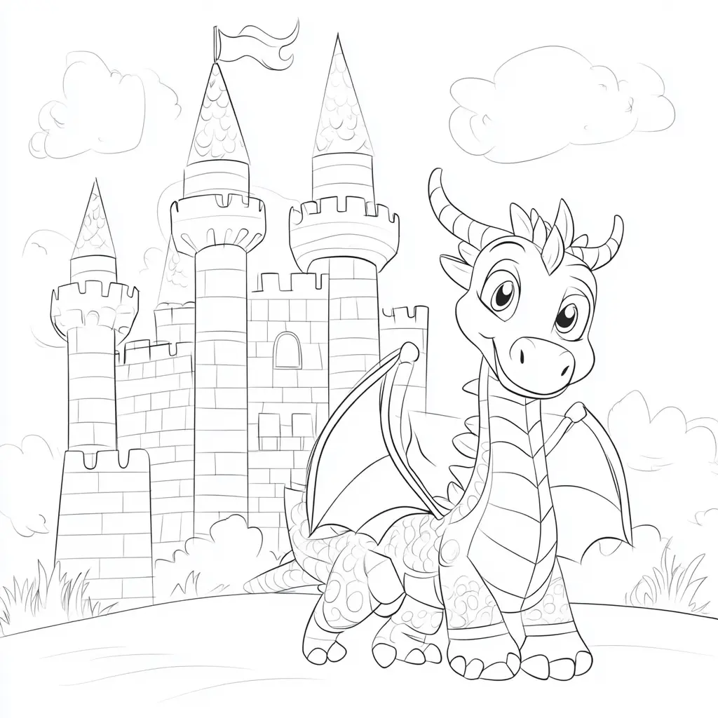 Dibujos de dragones para colorear | UN DRAGÓN JUNTO A SU CASTILLO