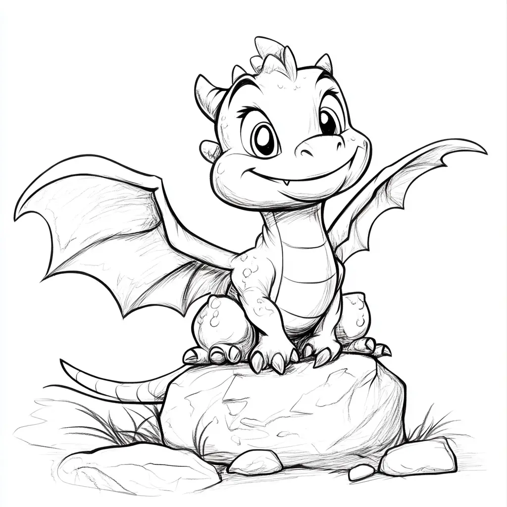 Dibujos de dragones para colorear | DRAGÓN PEQUEÑO EN LA ROCA