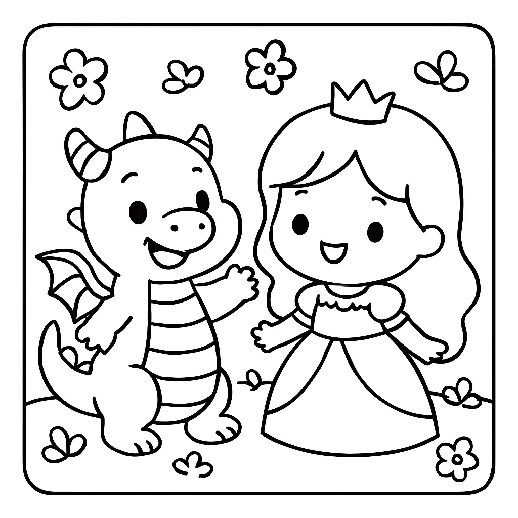 Dibujos de dragones para colorear | LA PRINCESA Y EL DRAGÓN ENTRE FLORES