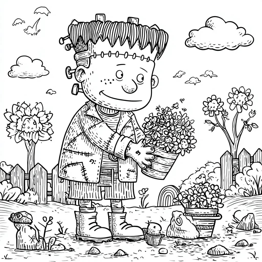Dibujos de Halloween para colorear | FRANKENSTEIN CON FLORES Dibujos de Halloween para colorear | FRANKENSTEIN CON FLORES
