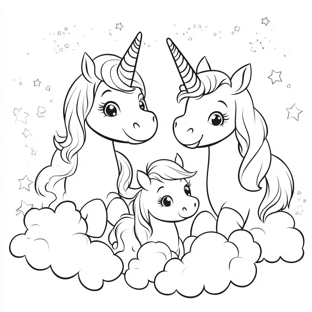 Dibujos de unicornios para colorear | LA FAMILIA UNICORNIO EN LAS NUBES