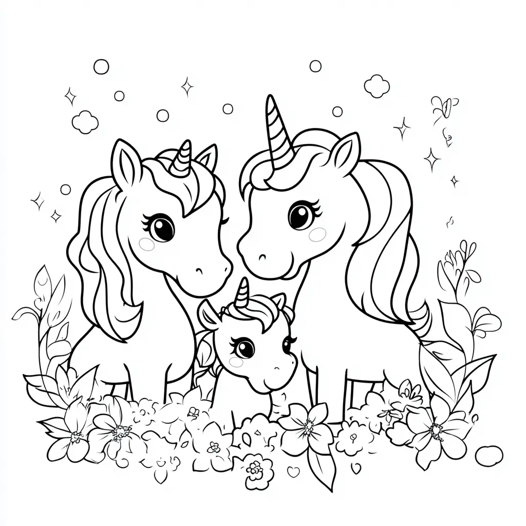 Dibujos de unicornios para colorear | LA FAMILIA UNICORNIO CON FLORES