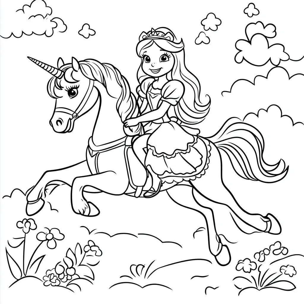 Dibujos de unicornios para colorear | LA PRINCESA MONTANDO EN SU UNICORNIO
