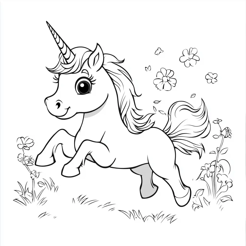 Dibujos de unicornios para colorear | UNICORNIO CORRIENDO ENTRE FLORES