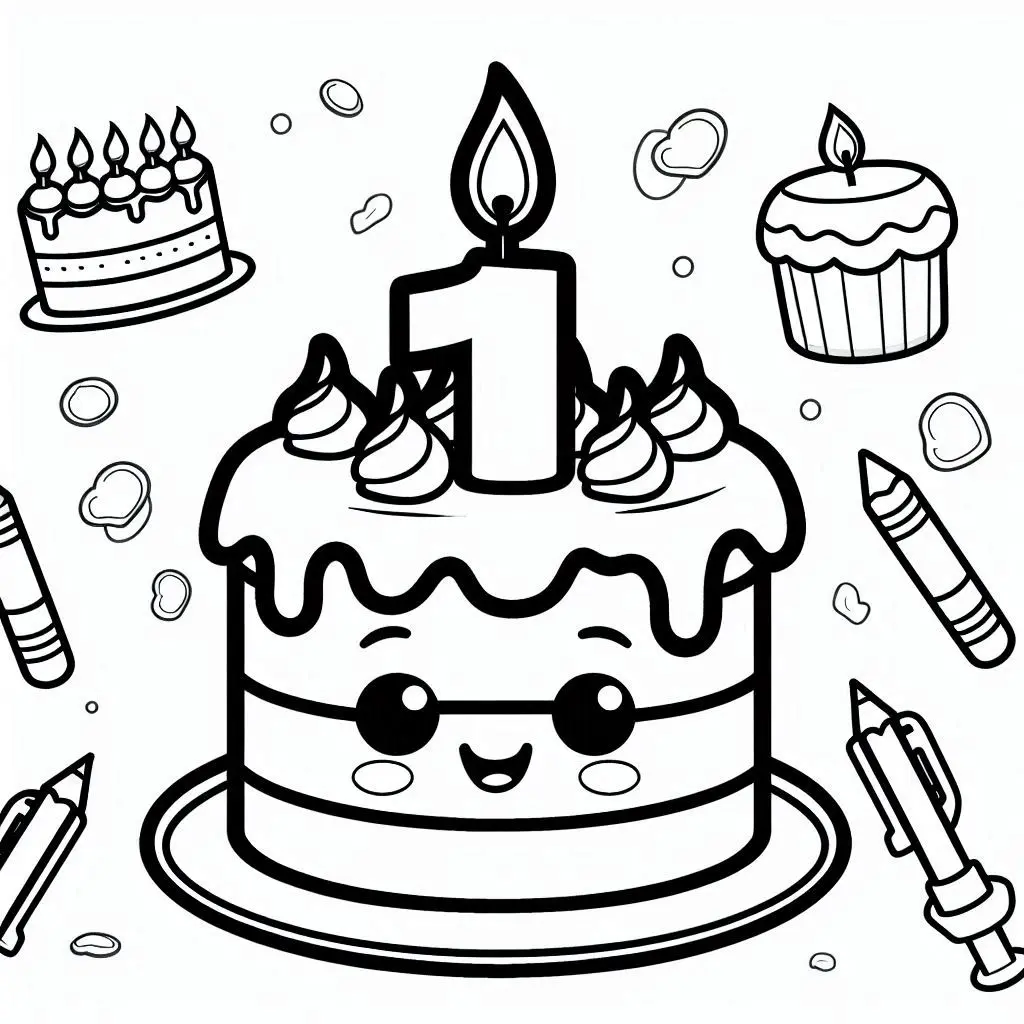 Dibujos de postres y dulces para colorear | TARTA DE CUMPLEAÑOS KAWAII