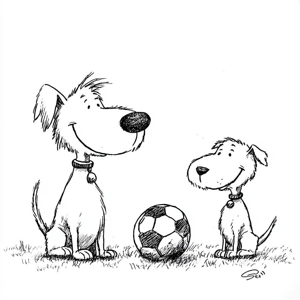 Dibujo de dos mascotas y un balón para colorear